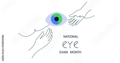 National eye exam month. Concept of eye care and vision health. Ophthalmologist checkup. vector line art banner	