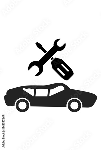 Car repair and maintenance service icon.
Automotive workshop and mechanic symbol.
Vehicle service with tools illustration.
