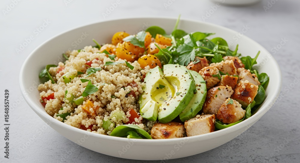 Delightful Quinoa Bowl with Grilled Chicken, Avocado, and Burst Cherry Tomatoes: A vibrant and healthy meal perfect for a light lunch or dinner. Delightful Quinoa Bowl with Grilled Chicken, Avocado, and Burst Cherry Tomatoes: A vibrant and healthy meal perfect for a light lunch or dinner.