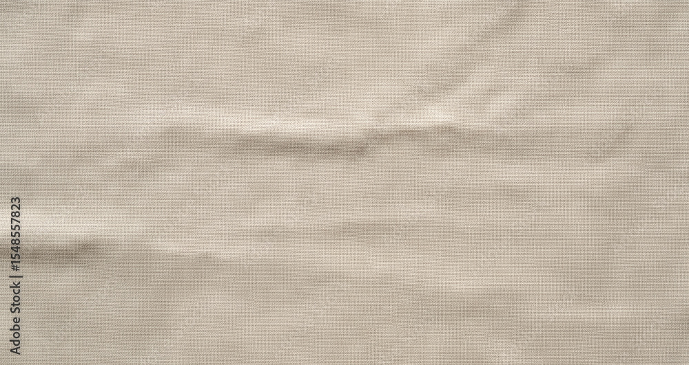 Naklejka premium Natural beige linen fabric with a subtle woven texture and gentle, organic wrinkles. Its earthy tone and soft drapes create a calming and versatile background for various designs.