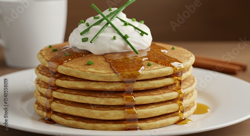 Golden Stack of Buttery Pancakes Drizzled with Maple Syrup and Topped with Creamy Whipped Cream and Fresh Chives, a Delightful Breakfast Treat.