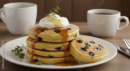 Indulge in a delightful stack of fluffy blueberry pancakes, drizzled with golden syrup and topped with a dollop of creamy whipped cream, the perfect breakfast treat.