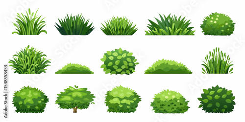 Cartoon shrub bush set. Garden green decoration bushes, illustrated hedge shrubs plants isolated on white background