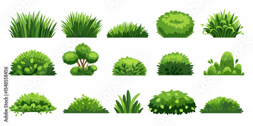 Cartoon shrub bush set. Garden green decoration bushes, illustrated hedge shrubs plants isolated on white background