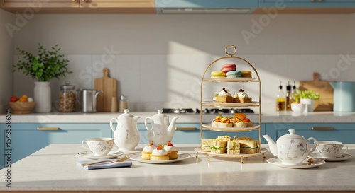 Delightful Afternoon Tea Setting: Elegant Gold Tiered Stand Showcases Delicate Treats in a Sunlit Kitchen