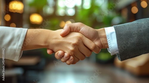 Two business professionals shaking hands signifying a successful deal or partnership agreement  The handshake represents a commitment to a shared goal or enterprise