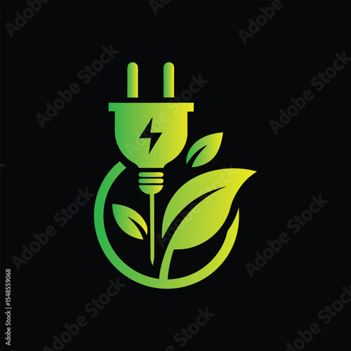 Green eco energy symbol with leaf and electric plug ,  bulb. Vector illustration. Creative eco energy logo design template. Green eco power plug with leaf. Vector illustration on black background.