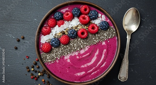 Indulge in this vibrant berry smoothie bowl, a delightful symphony of fresh raspberries, blackberries, chia seeds, and coconut flakes
