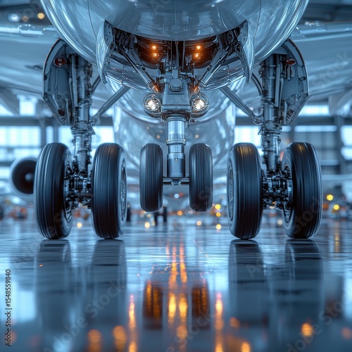 Futuristic commercial aircraft with sleek design and advanced landing gear parked on wet in front of an airport terminal building  The reflection of the aircraft is visible on the smooth