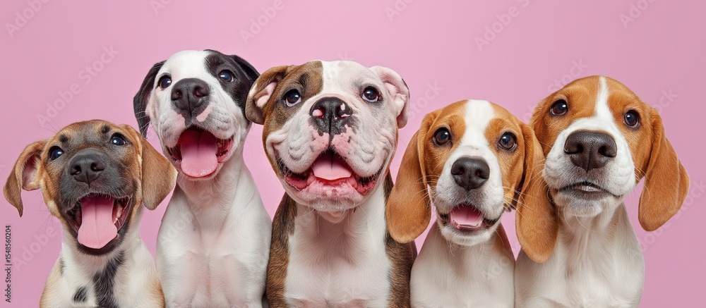 Five happy dogs of different breeds sit side-by-side against a pink background, all looking forward with joyful expressions and open mouths. Five happy dogs of different breeds sit side-by-side against a pink background, all looking forward with joyful expressions and open mouths.
