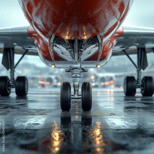 Closeup view of the sleek metallic fuselage and landing gear of a commercial passenger airliner reflected on the wet reflective surface of a runway  The aircraft is poised for takeoff or landing