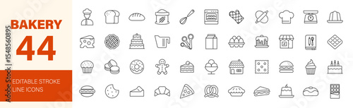 Bakery icon set. Containing cookie, pudding, oven, baking tools, doughnut, bread, macaroon, muffin, pie, birthday cake and more. Editable line icons. Vector illustration.