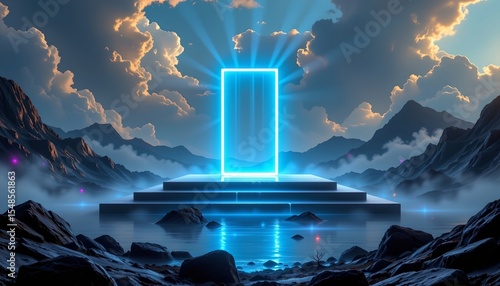 the image depicts a surreal and somewhat otherworldly scene, the main focus is on a glowing, rectangular frame, resembling a doorway or portal