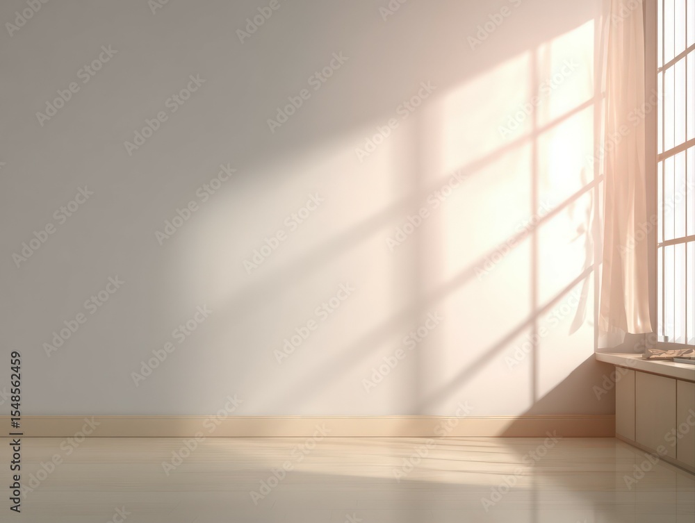 Fototapeta premium Sunlight streaming through window in minimalist room home interior natural light cozy environment calm viewpoint