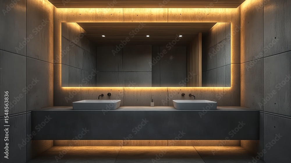 Fototapeta premium Contemporary bathroom vanity with a large mirror.
