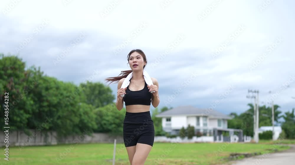 A fit and focused woman jogs outdoors in a serene green park, wearing activewear and earphones, embracing a healthy lifestyle, motivation, and self-care through exercise. A fit and focused woman jogs outdoors in a serene green park, wearing activewear and earphones, embracing a healthy lifestyle, motivation, and self-care through exercise.