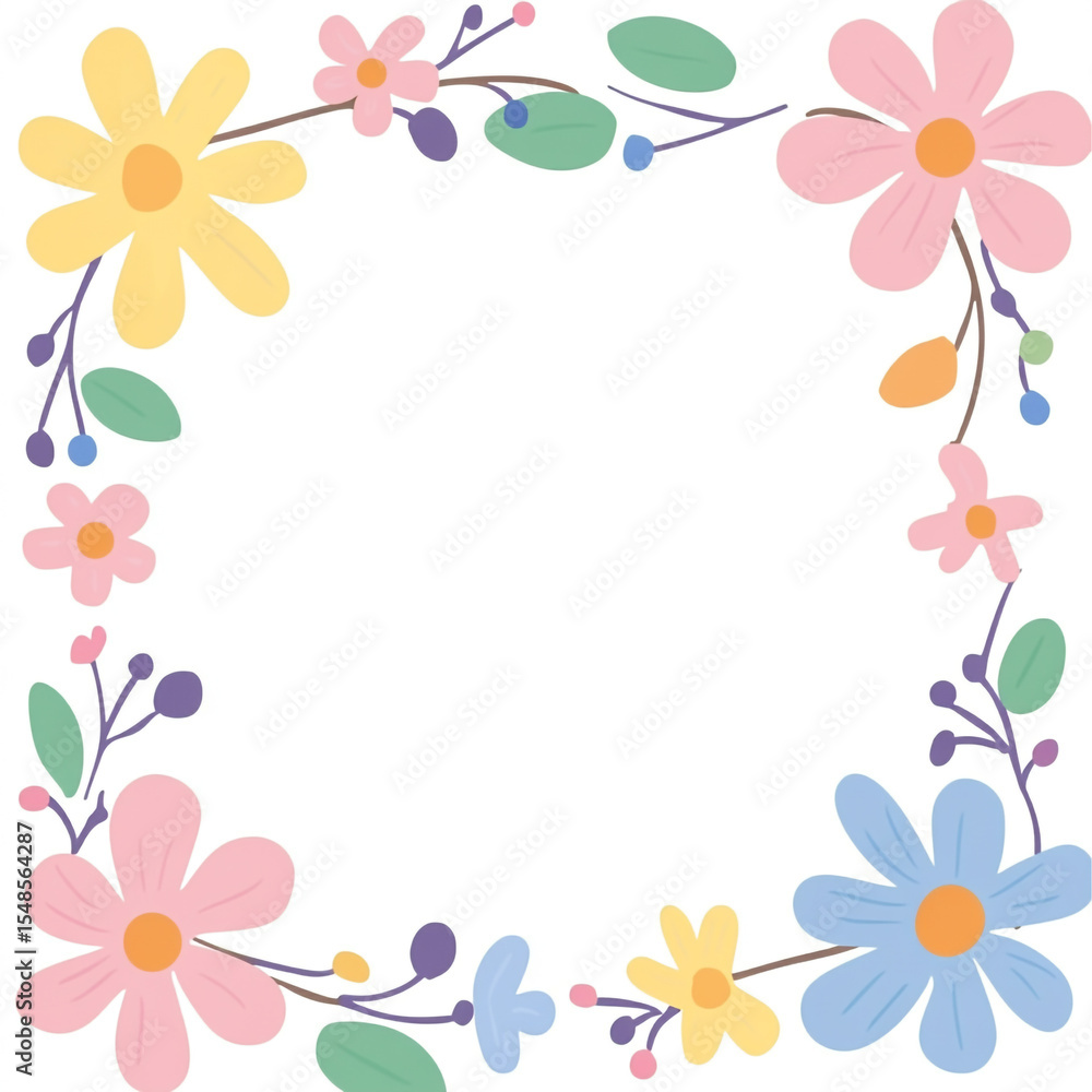 A charming square floral frame on a white background, adorned with pastel-colored flowers and delicate green leaves, with subtle splatters A charming square floral frame on a white background, adorned with pastel-colored flowers and delicate green leaves, with subtle splatters