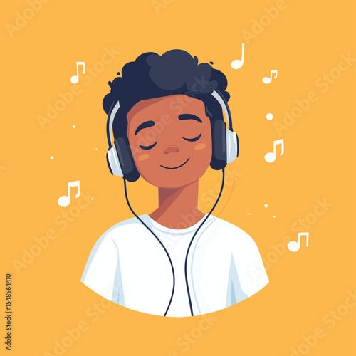 Black Asian man listening to music on headphones enjoying his favorite song
