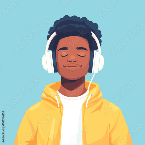 Black Asian man listening to music on headphones enjoying his favorite song