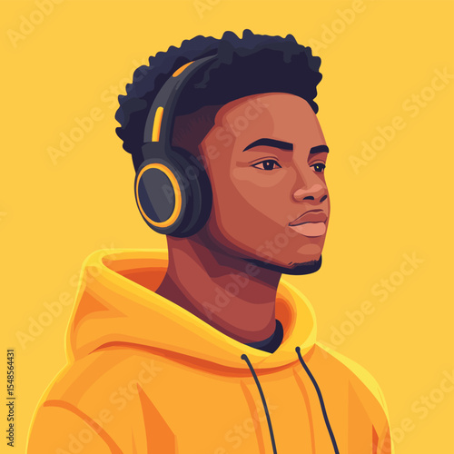 Black Asian man listening to music on headphones enjoying his favorite song