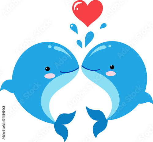 Cartoon whales spouting heart-shaped water, vector illustration for kids with white background.