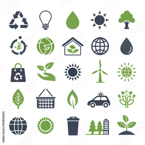 Eco-Friendly Icons: A collection of environmentally themed icons, presented with a minimalist design, perfect for illustrating sustainability and green concepts.