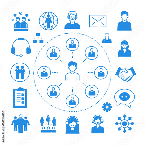 Modern Connectivity and Communication Icons: A vibrant collection of flat icons illustrates the essence of modern communication and global connections.