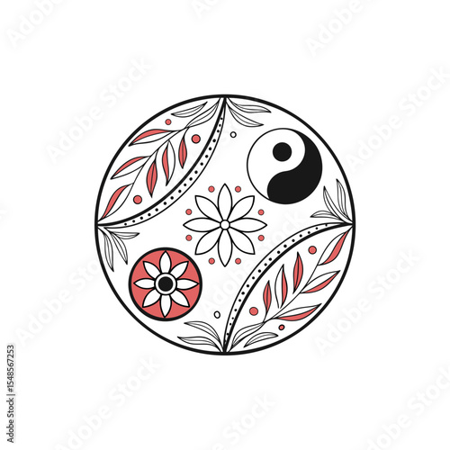 Harmonious Circle of Life: A delicately crafted graphic illustration showcases the interconnectedness of life, featuring the symbol of balance amidst floral and ornamental elements.