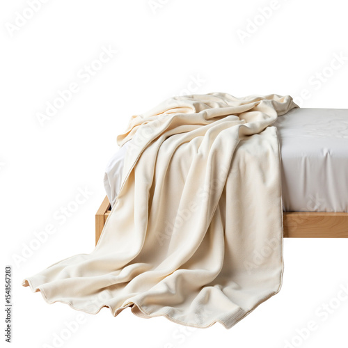 Soft cream blanket draped over wooden bed with white bedding  