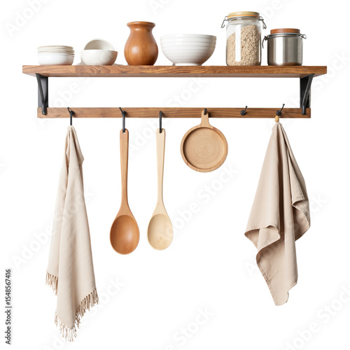 Modern kitchen shelf with utensils and decorative ceramic items  