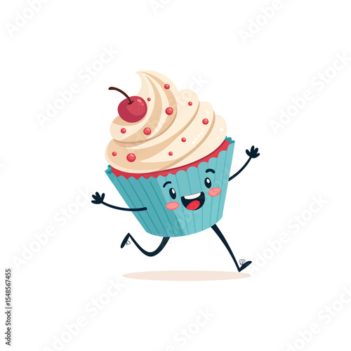 Playful cupcake: A cheerful cupcake character with whipped cream, and a bright red cherry on top runs toward a delightful adventure. Capturing fun and happiness