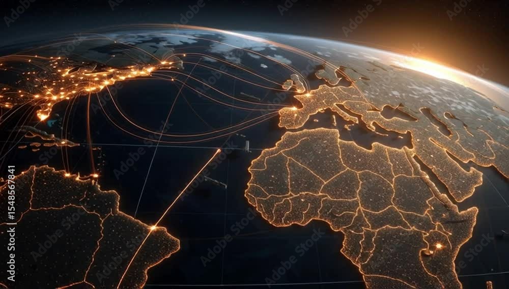 Digital map of the United States with glowing connections to global islands, representing connectivity and data flow between various military base cities across America Generative AI