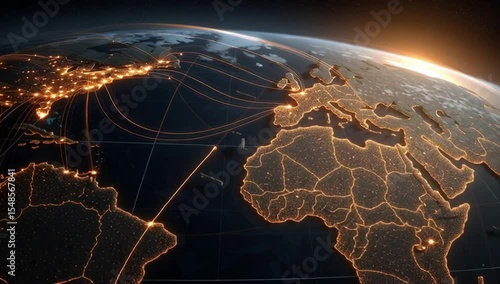 Digital map of the United States with glowing connections to global islands, representing connectivity and data flow between various military base cities across America Generative AI