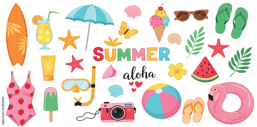 Set of summer stickers. Icons for tropical vacation. Seasonal elements collection. Flamingos; ice cream; pineapple; tropic leaves; cocktails; plumeria; watermelon; surfboard; beach accessories. Set of summer stickers. Icons for tropical vacation. Seasonal elements collection. Flamingos; ice cream; pineapple; tropic leaves; cocktails; plumeria; watermelon; surfboard; beach accessories.