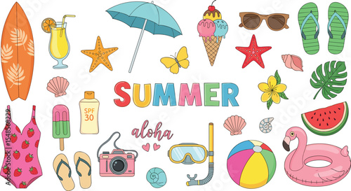 Set of summer stickers. Icons for tropical vacation. Seasonal elements collection. Flamingos; ice cream; pineapple; tropic leaves; cocktails; plumeria; watermelon; surfboard; beach accessories.