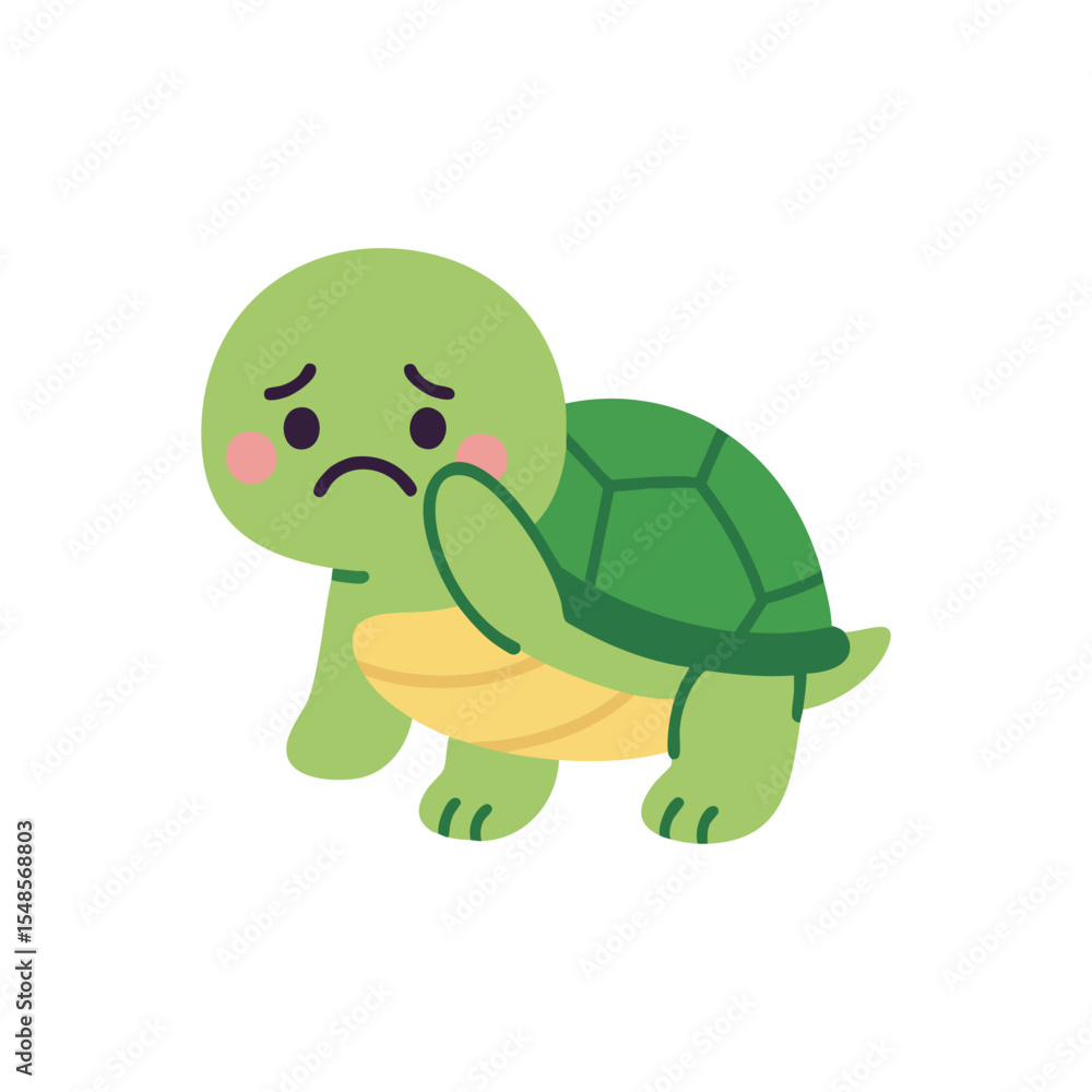 Fototapeta premium Cute green cartoon turtle with a sad expression and blush cheeks, lifting one leg as if shy, on white background.