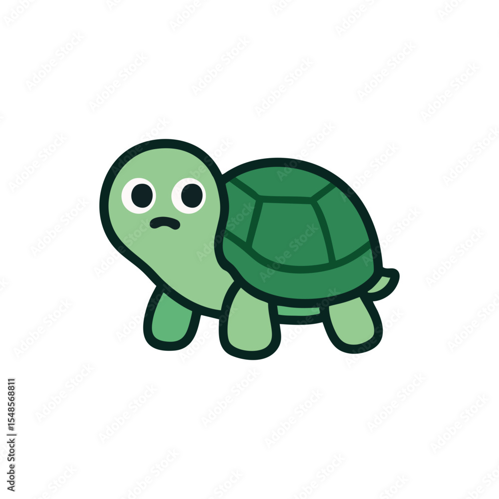 Obraz premium Cute cartoon turtle with a sad expression, green shell and body, flat style, isolated on white background, simple vector.