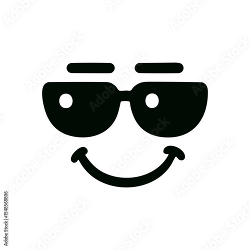 Minimal black smiley face with sunglasses and raised eyebrows, expressing coolness and confidence on a white background.

