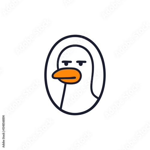 Minimal cartoon duck face with skeptical expression, outlined in black and orange beak, simple design conveying sarcasm, doubt, or attitude.

