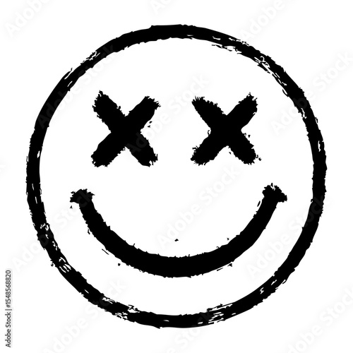 Grunge smiley face with X eyes and rough black brushstroke lines, minimalist distressed style on a plain white background.

