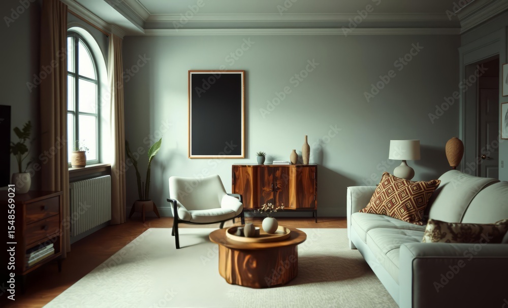 Fototapeta premium A modern living room adorned with a minimalist poster frame a sleek upholstered frette armchair a rustic wooden commode and elegant accessories exudes a sense of sophistication and tranquility The wal