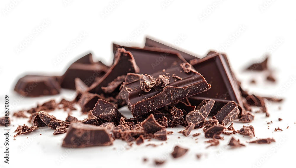 Fototapeta premium Chocolate crumbs scattered across a bright white surface, emphasizing texture and shape in a minimal composition.