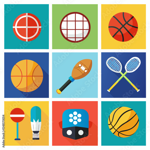Flat Icons of Various Sports Equipment