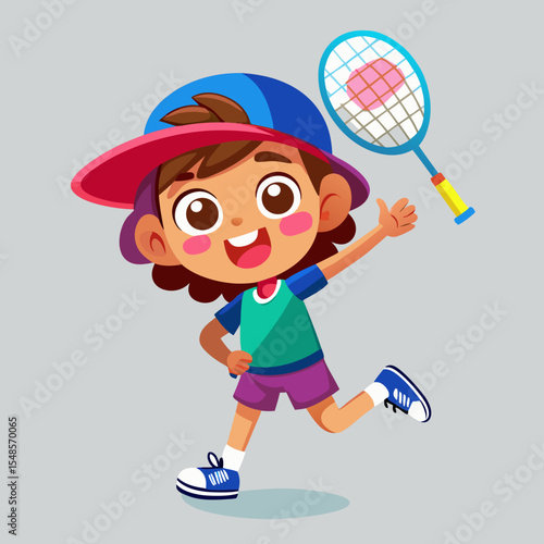 Cute Cartoon Girl Playing Badminton