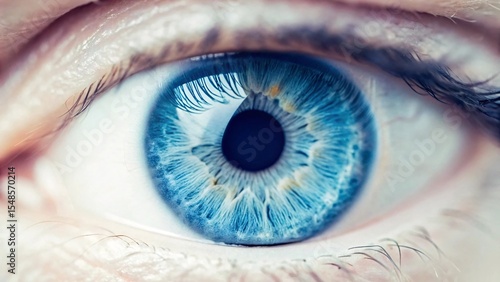 Close up of human eye with blue iris.