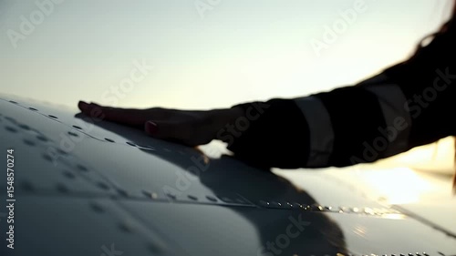 Hand Touching Silver Airplane Wing in Golden Light Close Up for Aviation Theme