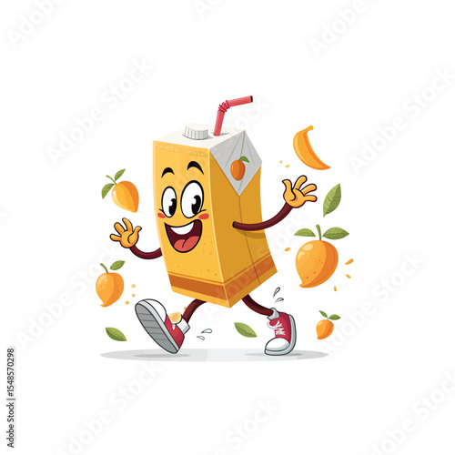 Joyful Juice: A vibrant cartoon juice box sprints with animated glee amidst playful fruit, embodying the essence of refreshment and healthy fun. 