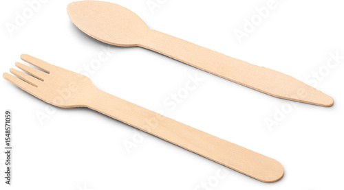 Quadro su tela disposable wooden fork and spoon isolated white background, eco-friendly alterna
