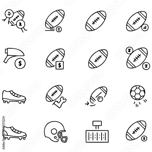 Eine Reihe von Fußballsymbolen, die Ausrüstung, Spielablauf und Finanzaspekte in einem detaillierten Umrissstil präsentieren. Die monochromen Symbole heben die Funktionen, die Ausrüstung
