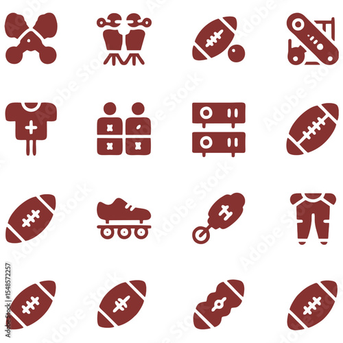 Eine Sammlung von Symbolen für American-Football-Ausrüstung, darunter Polster, Helm, Trikot und Fußbälle, perfekt für Sportdesigns. Dieses Grafikelement eignet sich vielseitig für Team-Branding